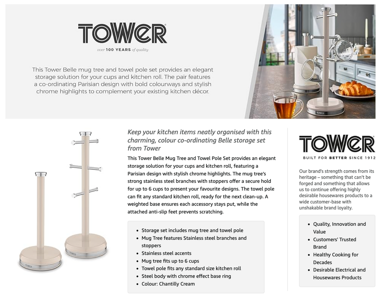 Freestanding kitchen mug tree and towel pole set in Chantilly cream with chrome fittings