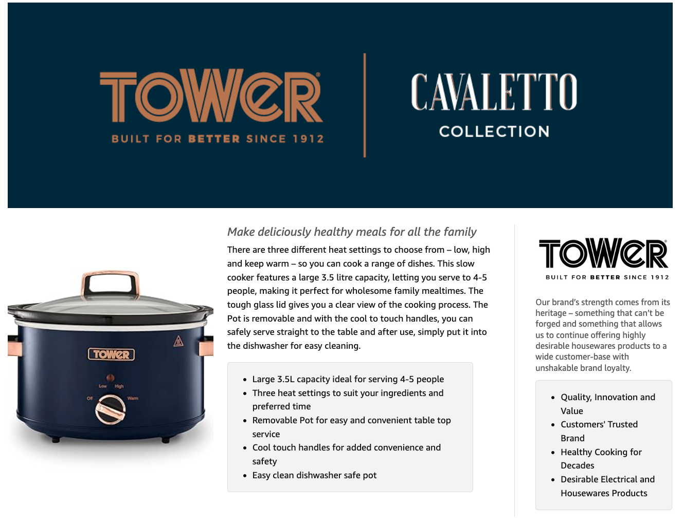 Tower Cavaletto 3.5L Slow Cooker T16042MNB (Midnight Blue)