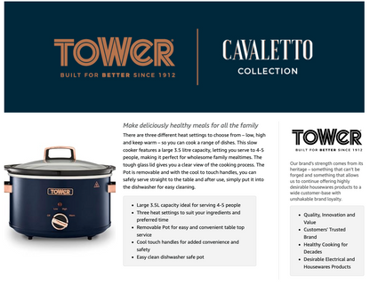 Tower Cavaletto 3.5L Slow Cooker T16042MNB (Midnight Blue)