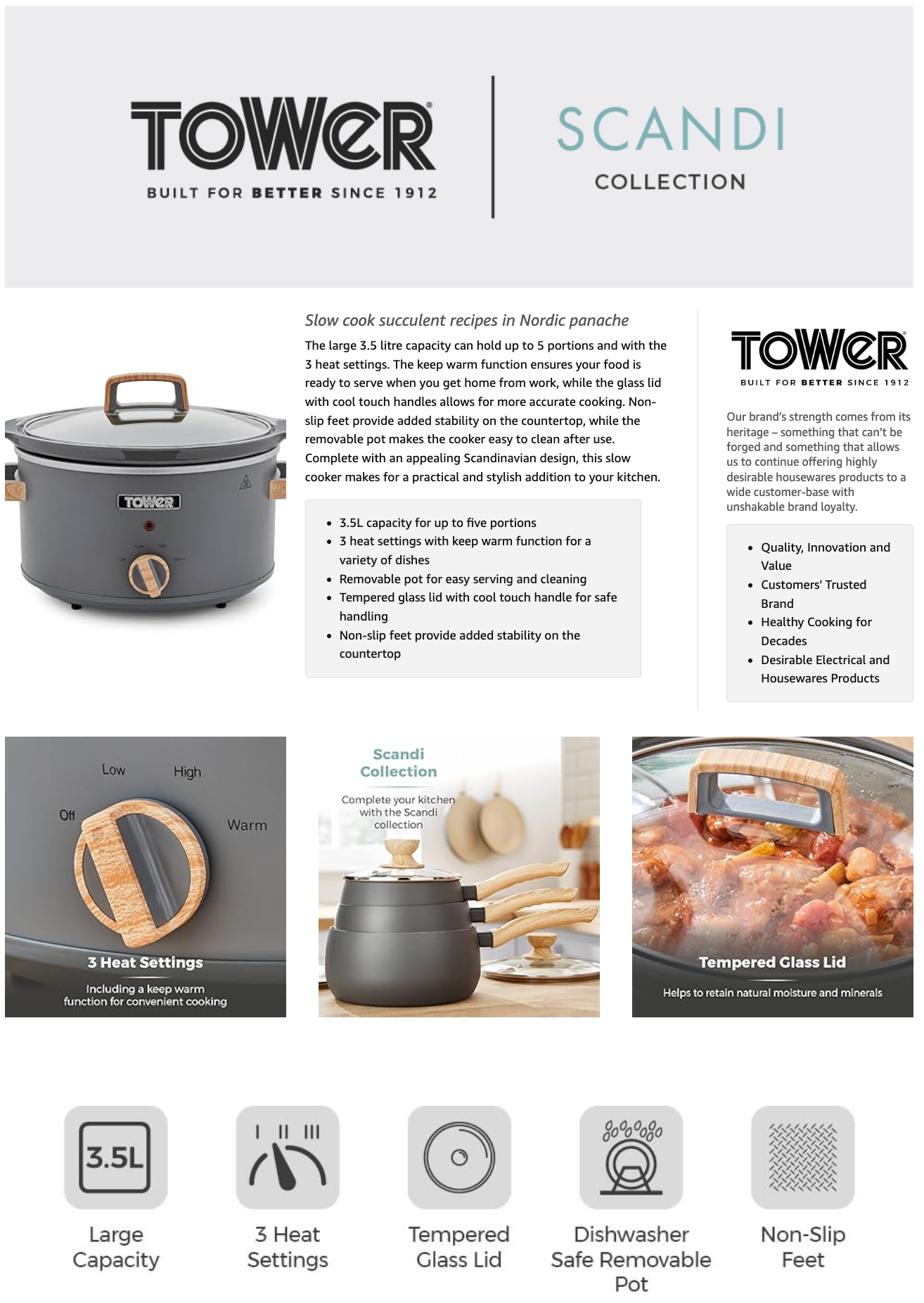 Tower Scandi 3.5L Slow Cooker T16034GRY (Grey)