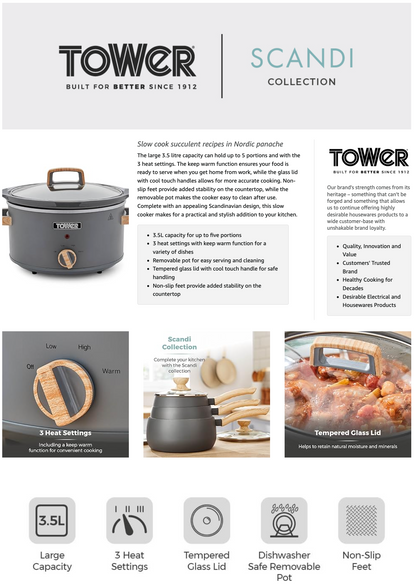 Tower Scandi 3.5L Slow Cooker T16034GRY (Grey)