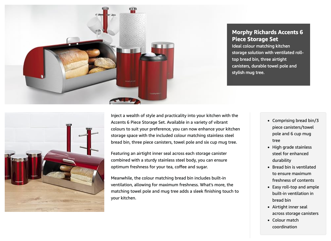 Morphy Richards Accents Bread Bin, Canisters, Towel Pole & Mug Tree Kitchen Set 974100 (Red).