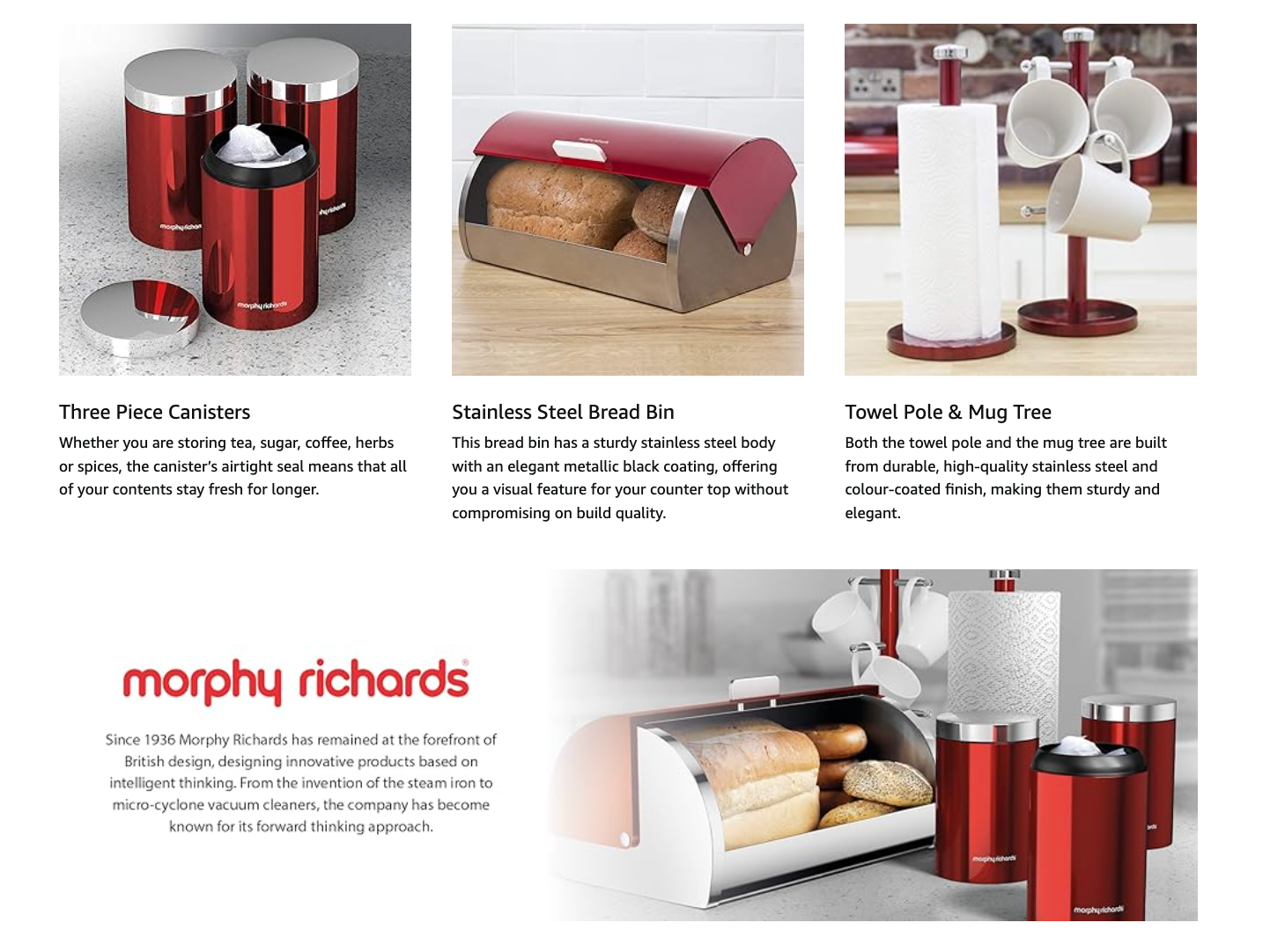 Morphy Richards Accents Bread Bin, Canisters, Towel Pole & Mug Tree Kitchen Set 974100 (Red).