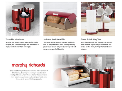 Morphy Richards Accents Bread Bin, Canisters, Towel Pole & Mug Tree Kitchen Set 974100 (Red)