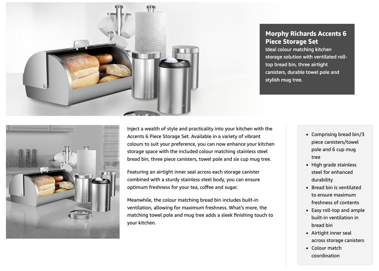 Morphy Richards Accents Bread Bin, Canisters, Towel Pole & Mug Tree Kitchen Set 974104 (Silver).