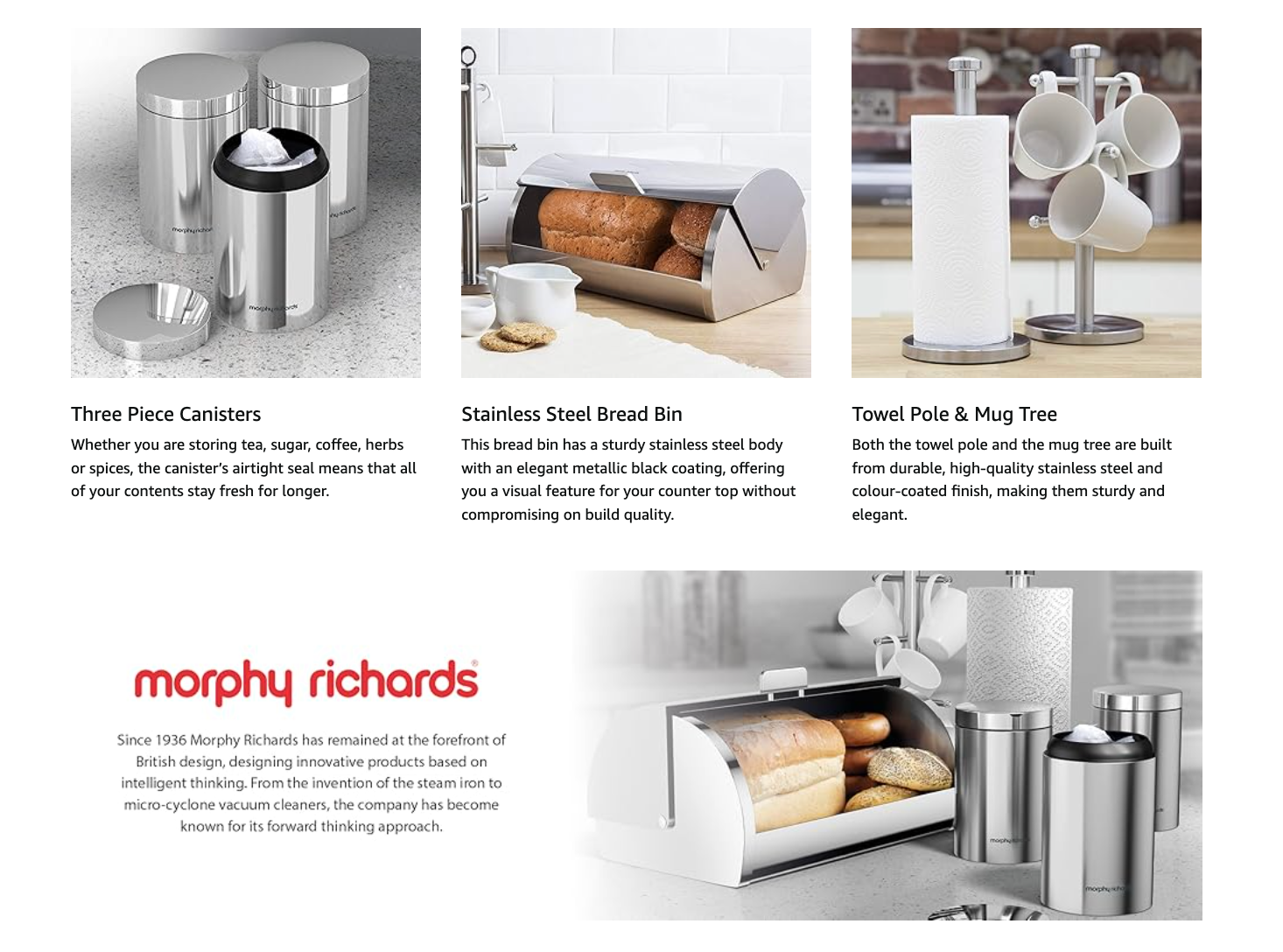 Morphy Richards Accents Bread Bin, Canisters, Towel Pole & Mug Tree Kitchen Set 974104 (Silver).