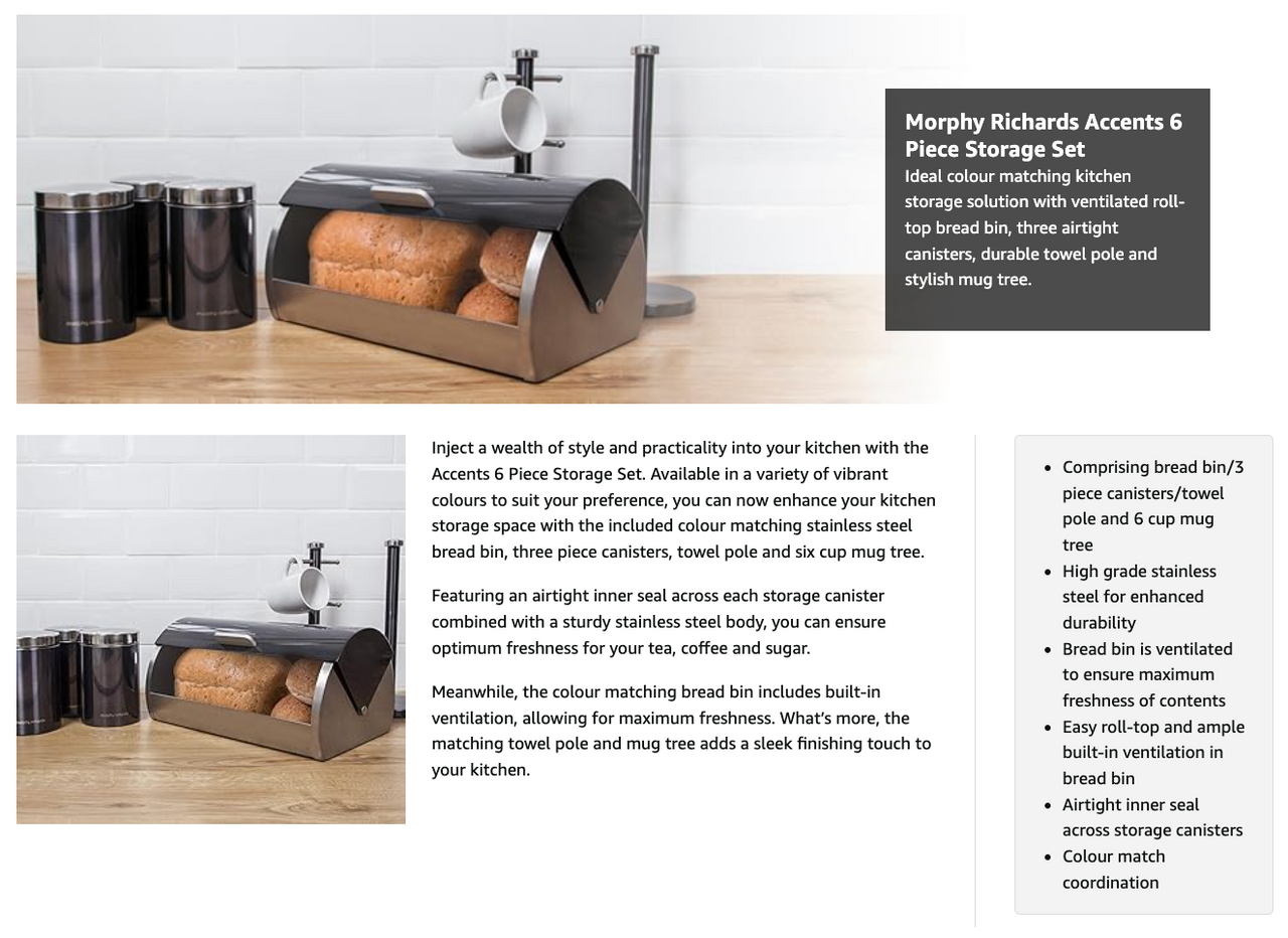 Morphy Richards Accents Bread Bin, Canisters, Towel Pole & Mug Tree Kitchen Set 974101 (Black).
