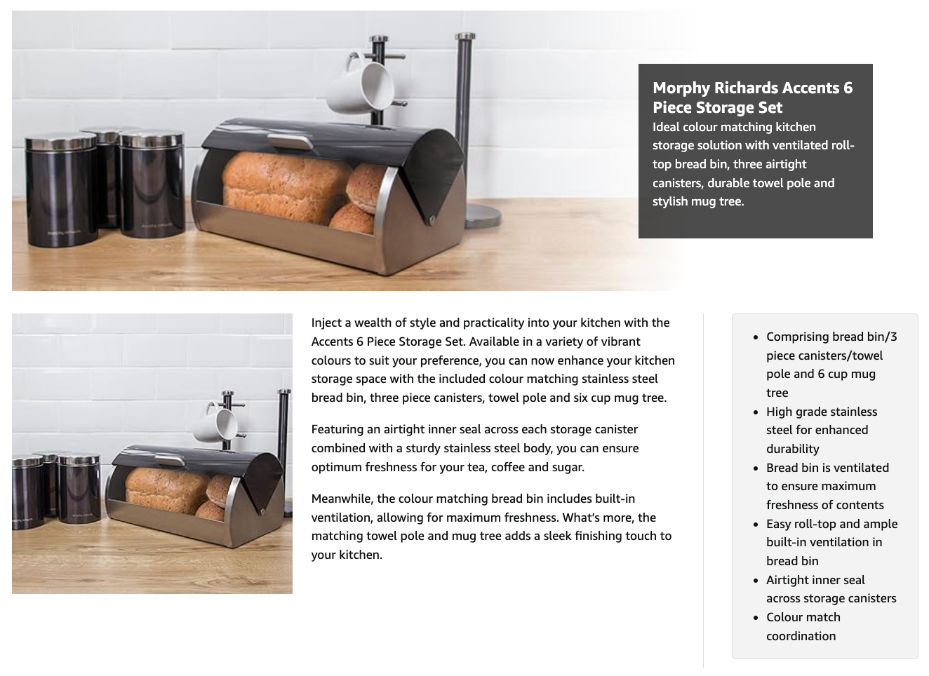 Morphy Richards Accents Bread Bin, Canisters, Towel Pole & Mug Tree Kitchen Set 974101 (Black).