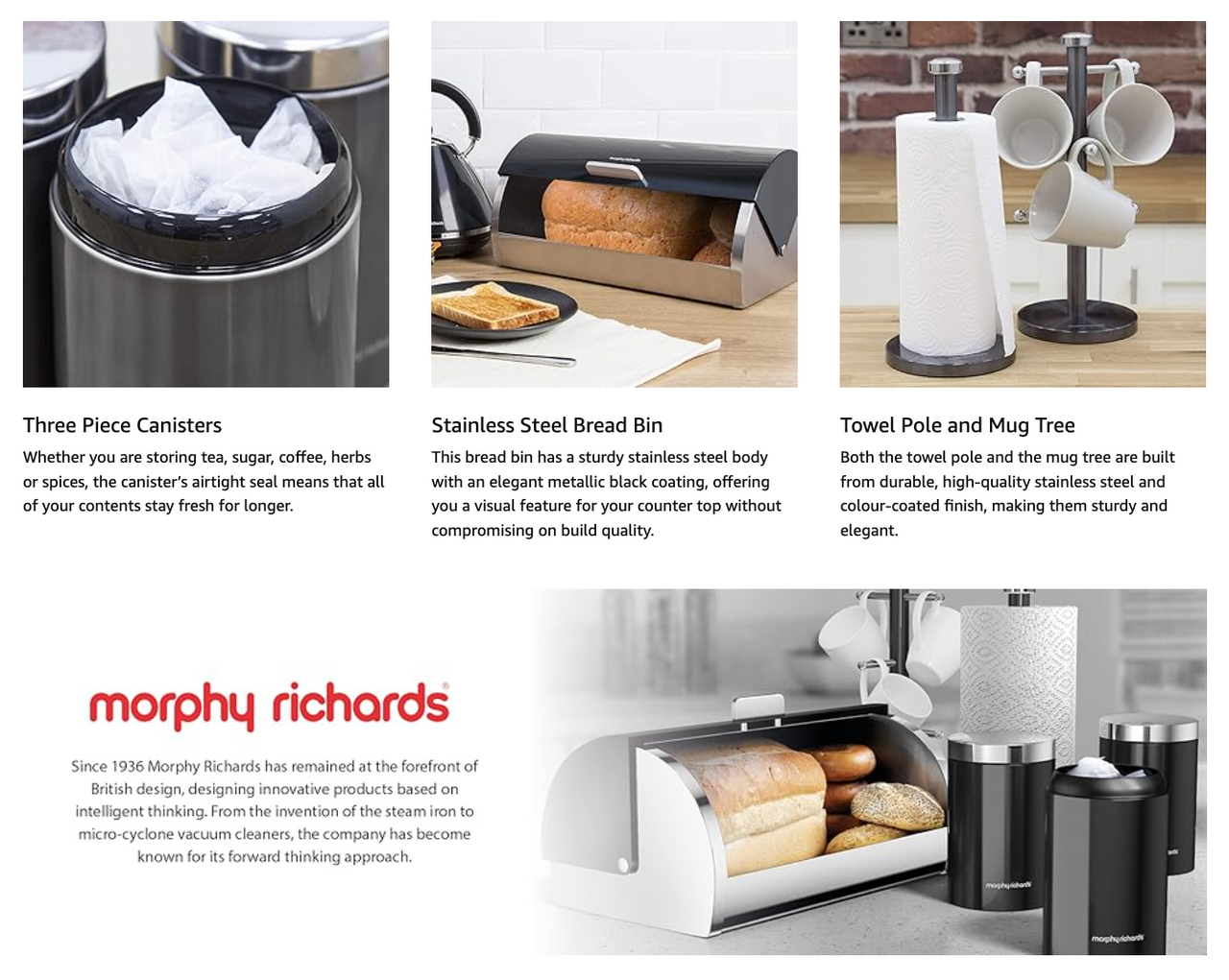 Morphy Richards Accents Bread Bin, Canisters, Towel Pole & Mug Tree Kitchen Set 974101 (Black).