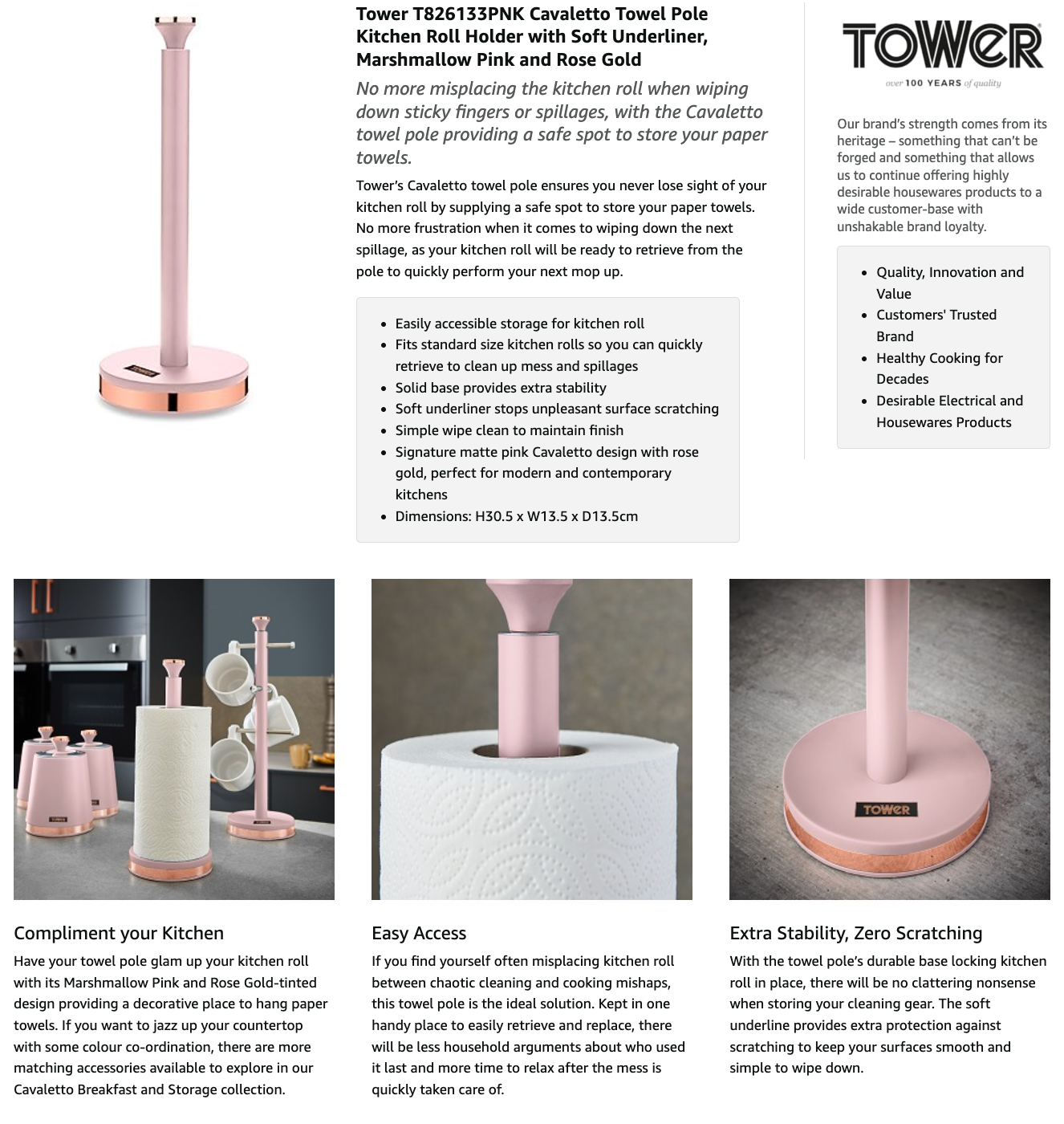 Tower Cavaletto Towel Pole Kitchen Roll Holder T826133PNK (Marshmallow Pink)