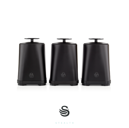 Swan Stealth Bread Bin, Canisters, Utensils, Mug Tree & Towel Pole Kitchen Set (Black)