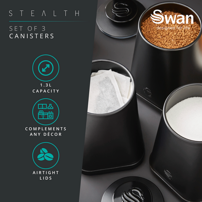 Swan Stealth Bread Bin, Canisters, Utensils, Mug Tree & Towel Pole Kitchen Set (Black)