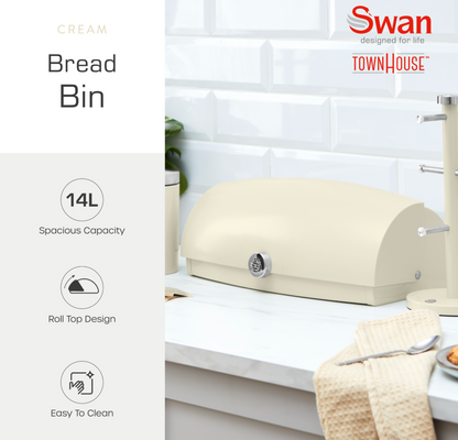 Swan TownHouse Kettle, 2 Slice Toaster, Bread Bin & Canisters Kitchen Set (Cream)