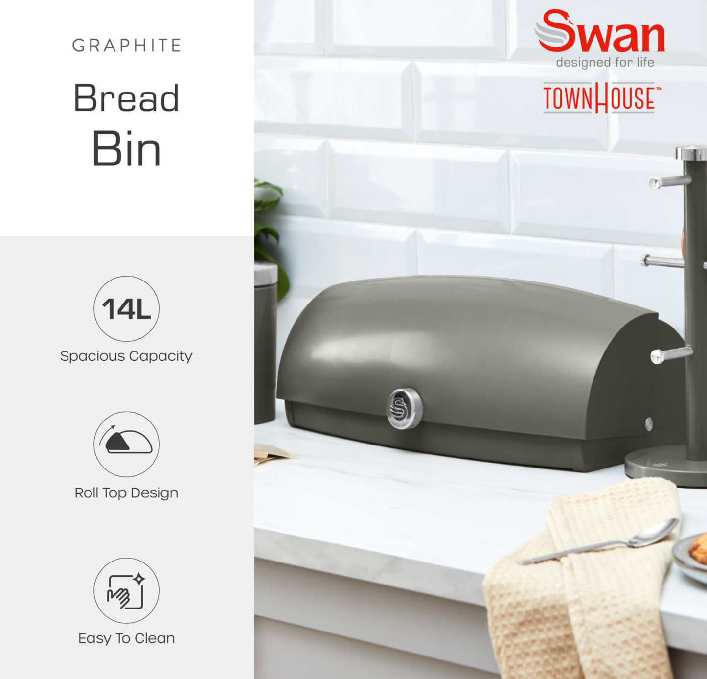 Swan TownHouse Bread Bin, Towel Pole, Mug Tree & Canisters Kitchen Set (Graphite)