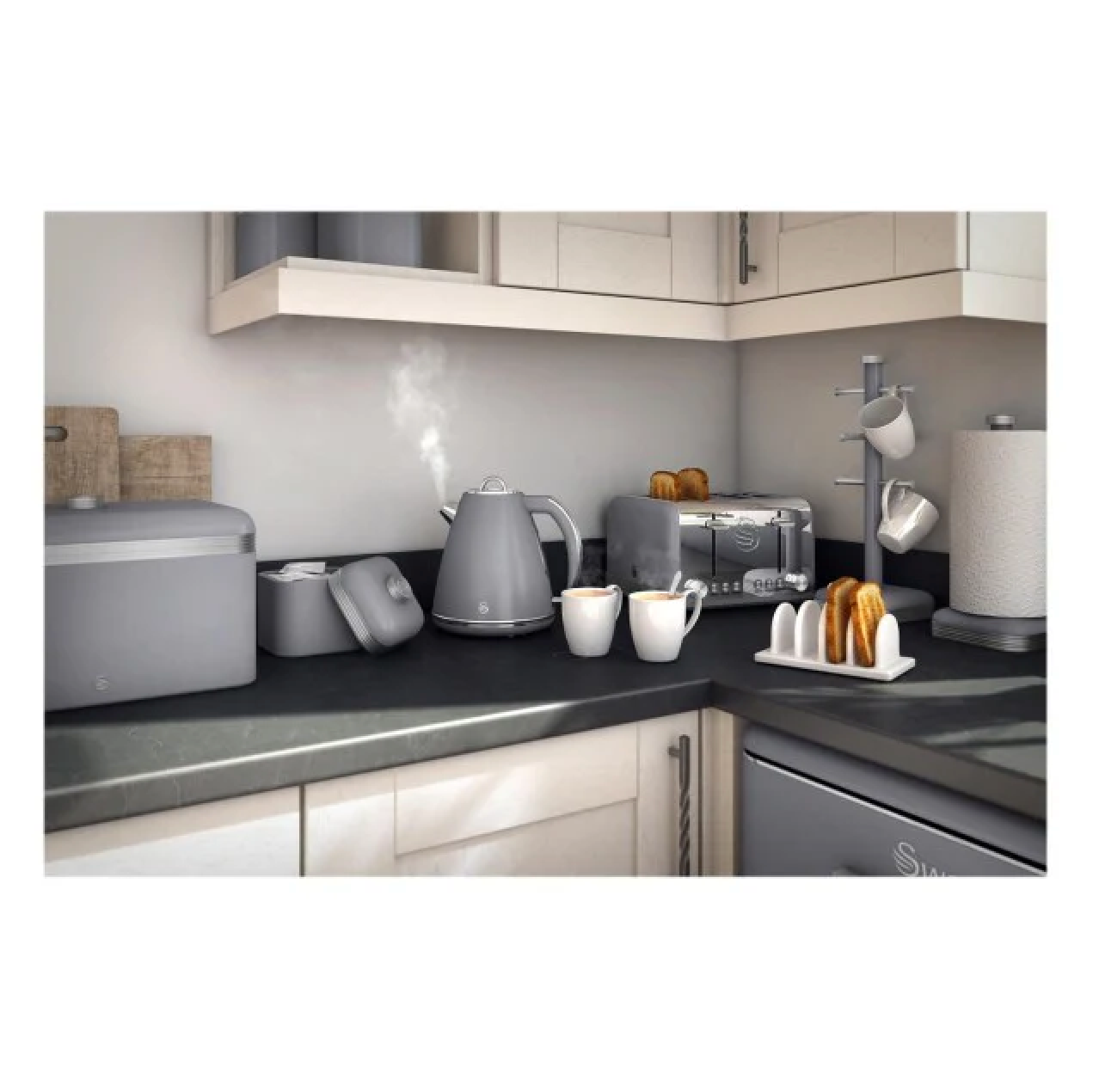 Swan Retro Jug Kettle & 4 Slice Toaster Kitchen Set (Grey)