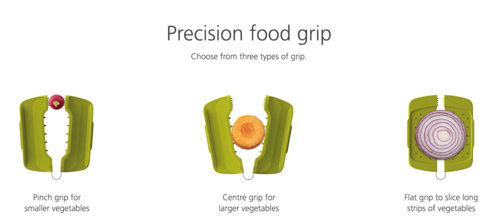 Green mandoline grips set showing different grip sizes for vegetables
