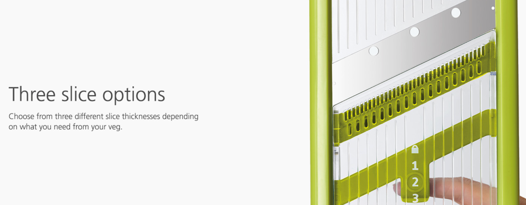 Mandoline slicing guide with green height settings and numbered cut thickness markers