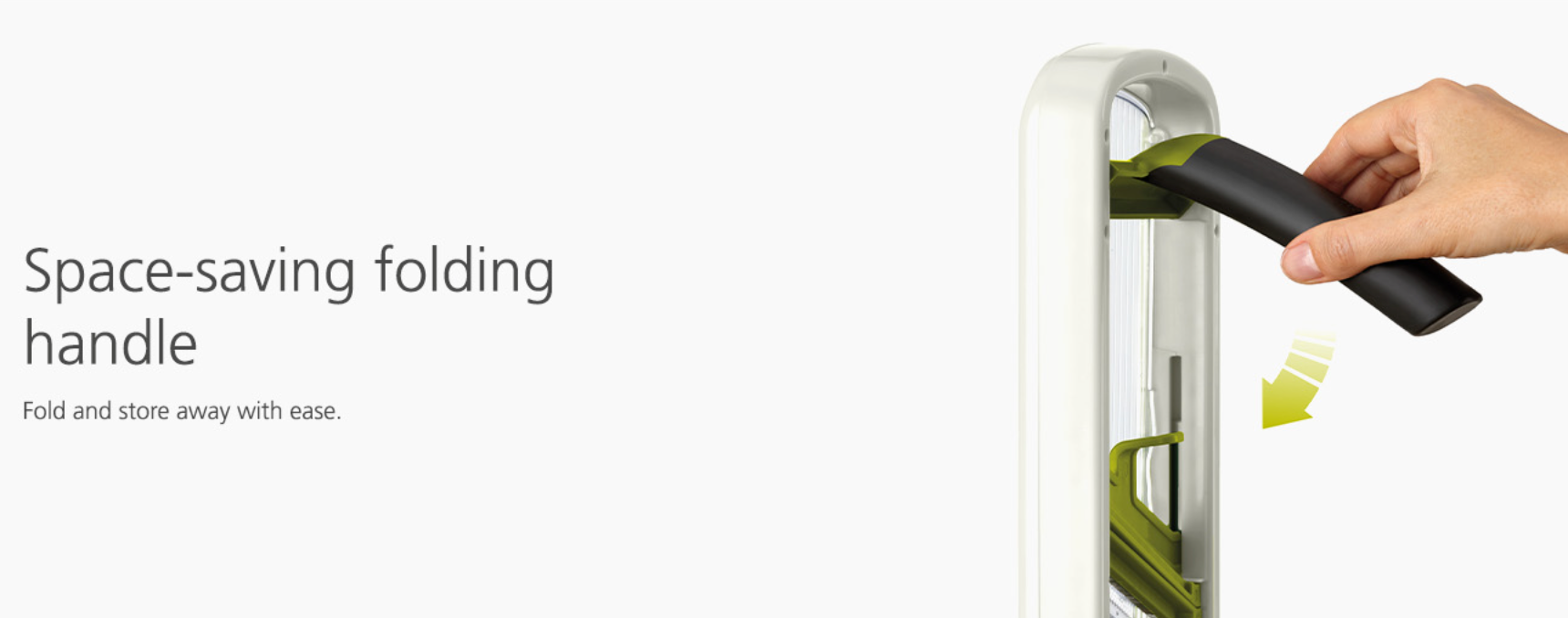 White mandoline slicer with folding handle for space-saving storage