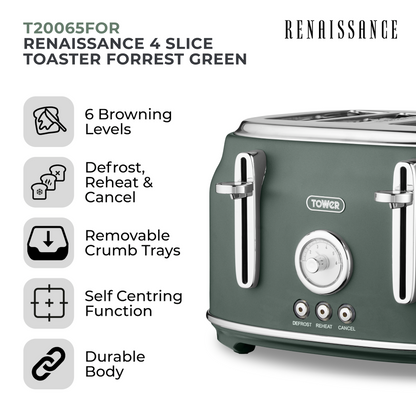 Tower Renaissance Kettle, 4 Slice Toaster & Canisters Kitchen Set (Forest Green)