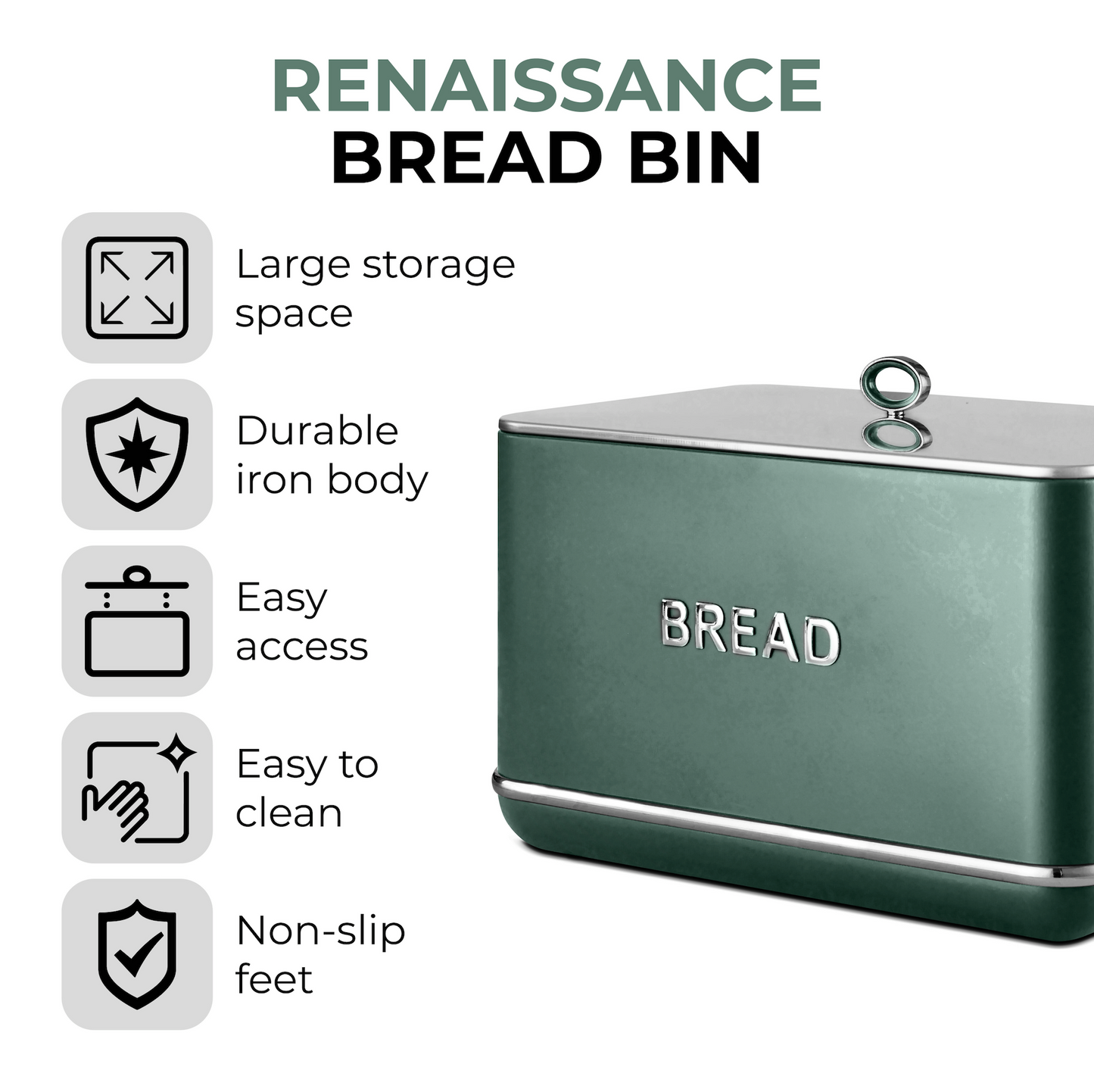 Tower Renaissance Kettle, 4 Slice Toaster, Bread Bin & Canisters Kitchen Set (Forest Green)