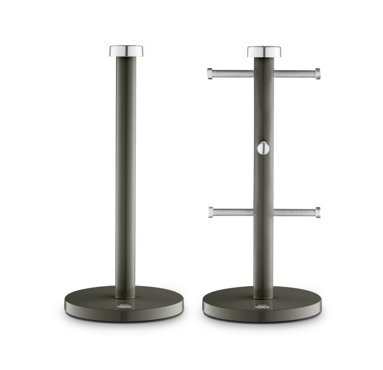 Graphite towel pole and mug tree set with two side towel bars on round weighted bases