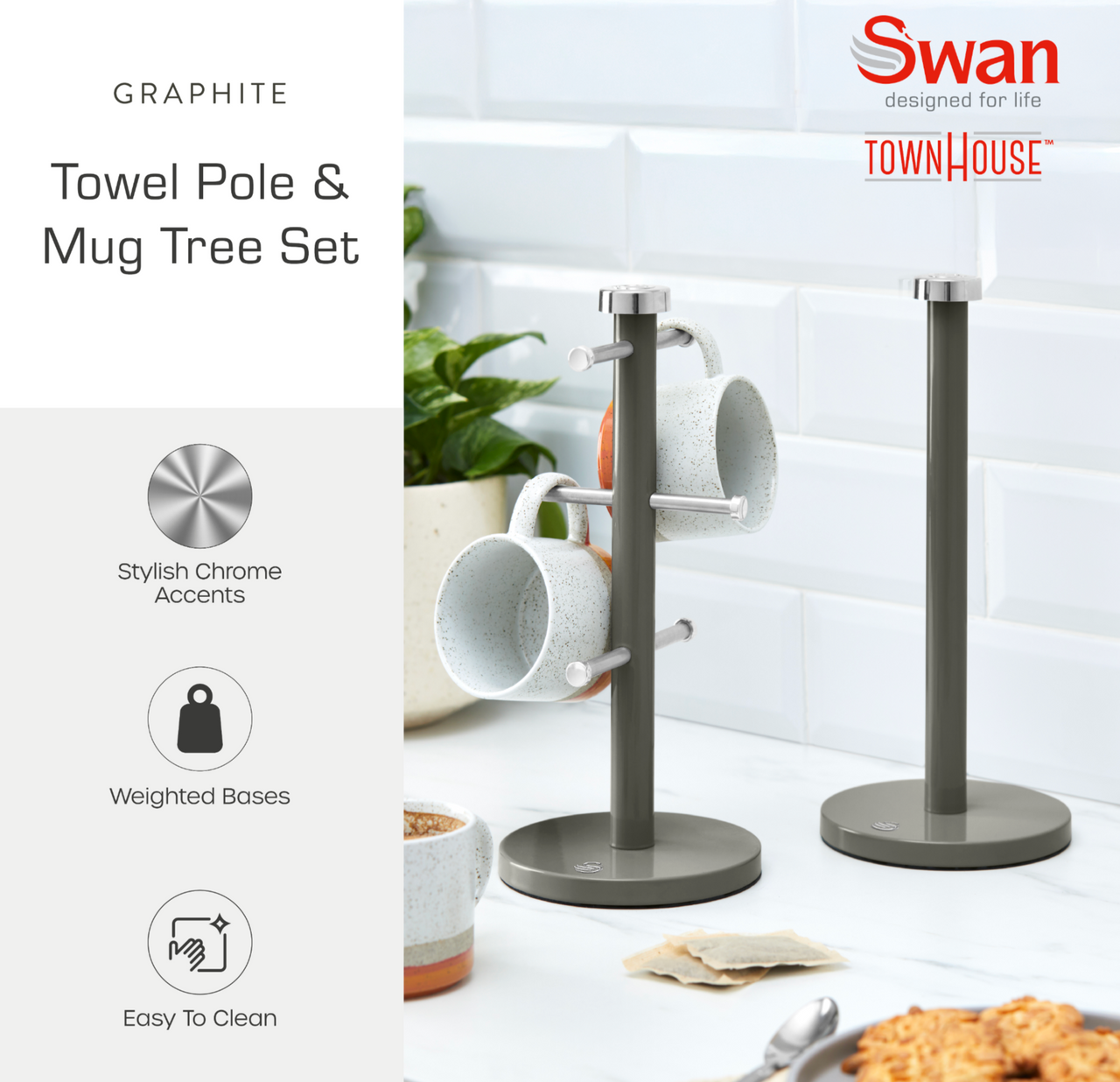 Graphite towel pole and mug tree set with chrome accents and mug hooks on base