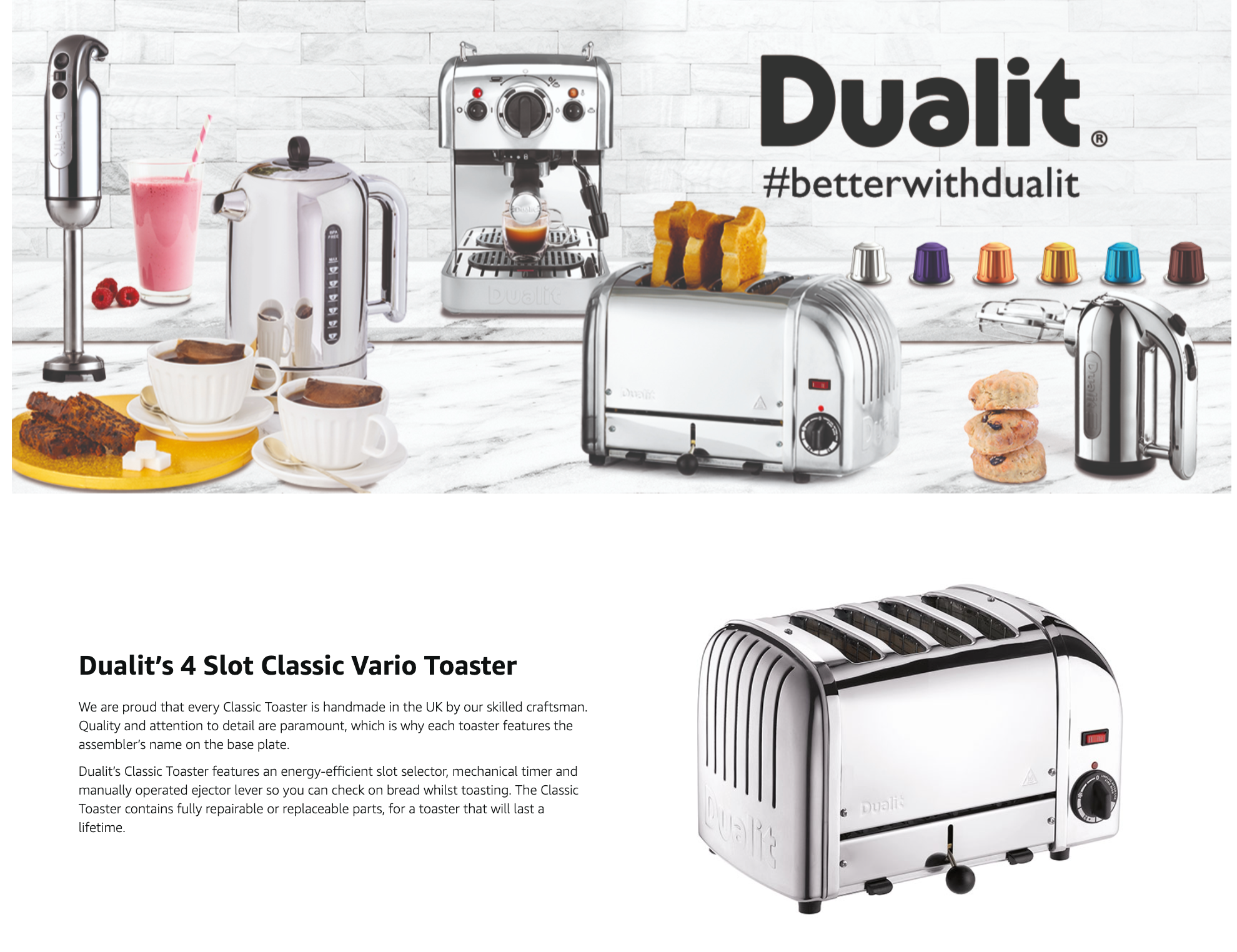 Dualit stainless steel classic vario 4-slice toaster on a product banner