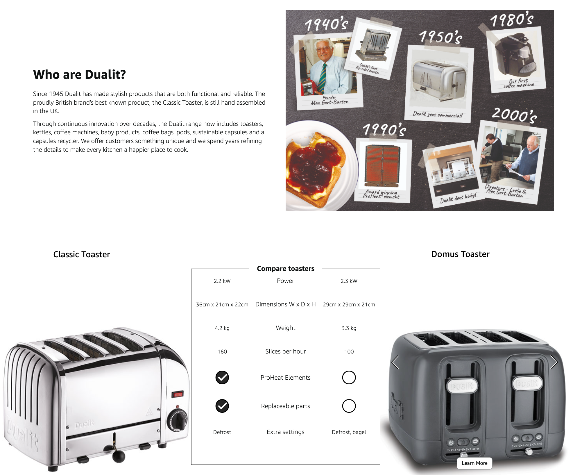 Dualit toaster packaging panel with product comparison and Classic/ Domus toasters