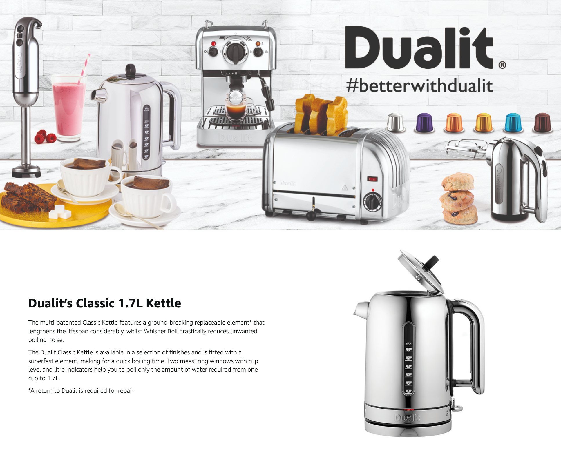 Dualit Classic 1.7L jug kettle, stainless steel with black controls and copper base trim