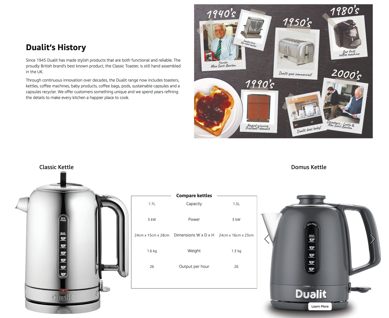 Dualit Classic jug kettle with stainless steel body, black lid, copper trim and handle