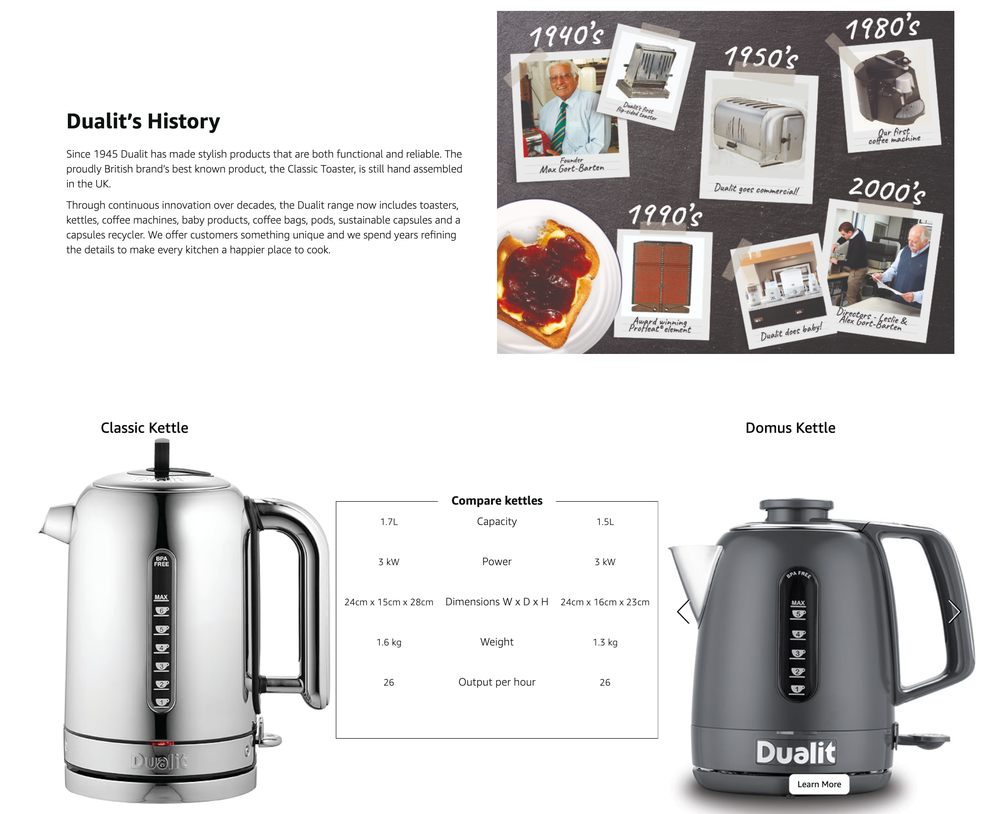 Dualit Classic jug kettle with stainless steel body, black lid, copper trim and handle