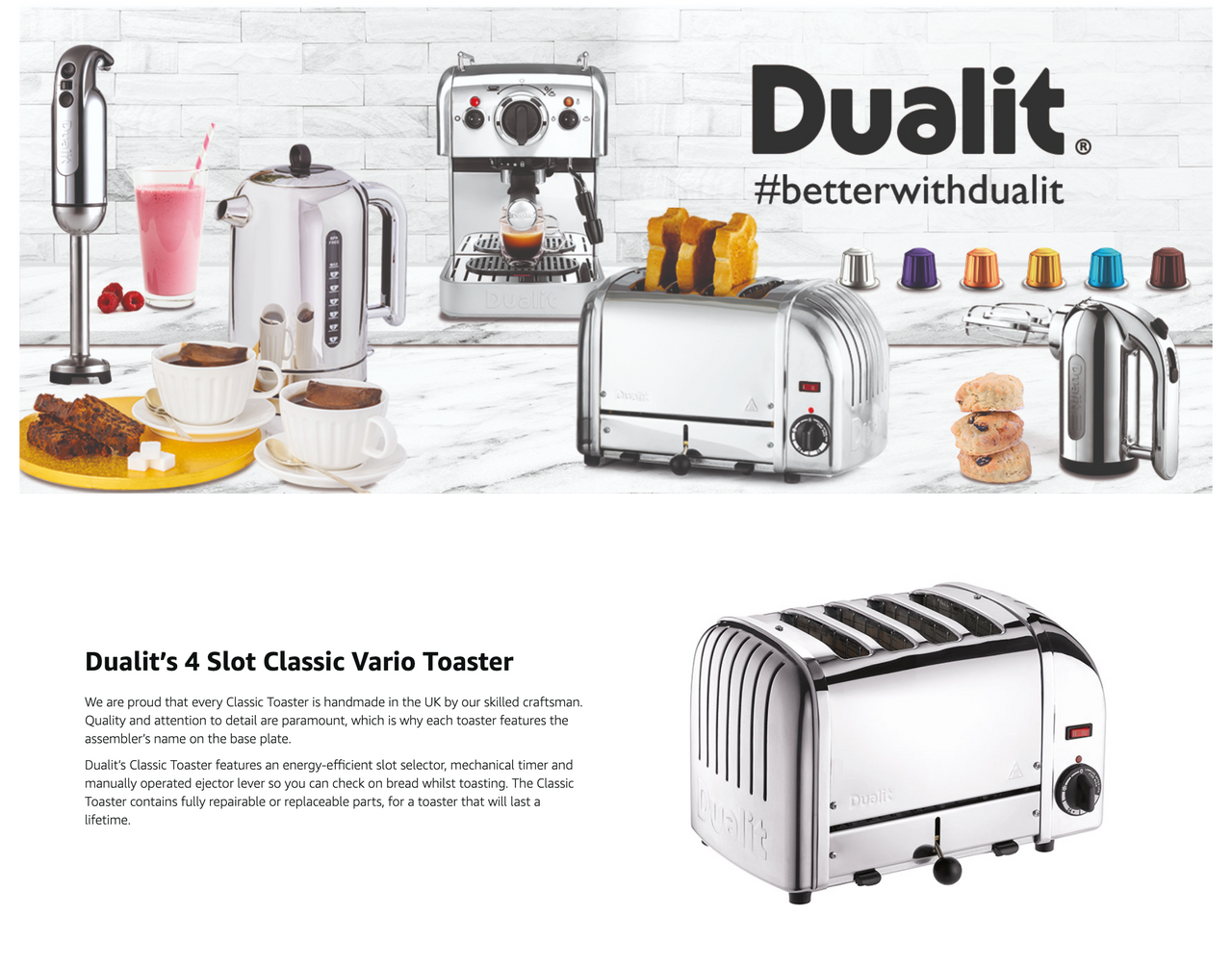 Dualit 4-slot Classic Vario toaster with browning knob and lever