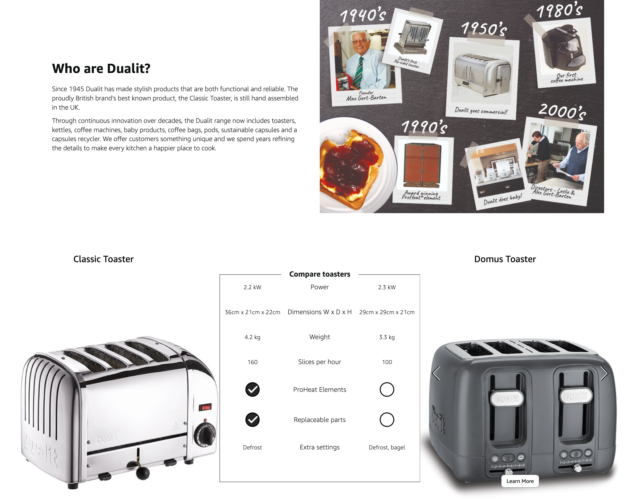 Dualit toaster comparison diagram with classic and domus 4-slice views