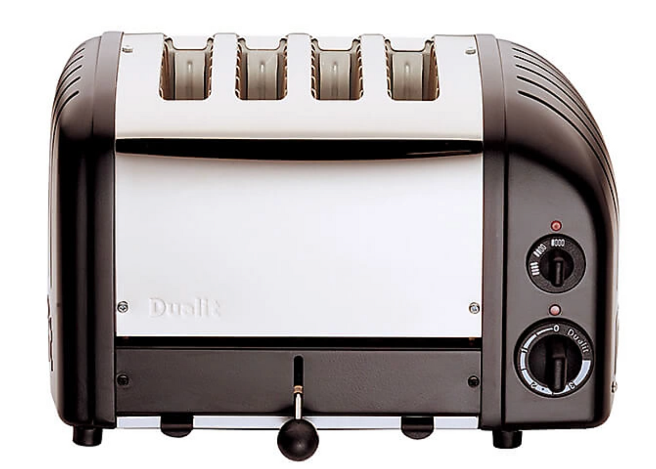Dualit 4-slice toaster side view in matte black with chrome front and control dial