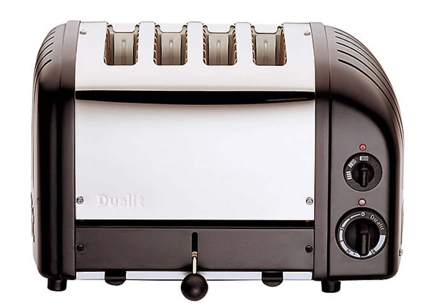 Dualit 4-slice toaster side view in matte black with chrome front and control dial