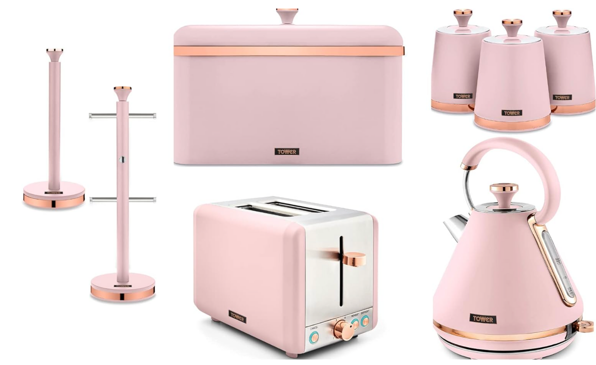 Tower Cavaletto Pyramid Kettle, 2 Slice Toaster, Bread Bin, Canisters, Towel Pole & Mug Tree Kitchen Set (Marshmallow Pink) Kitchen Sets
