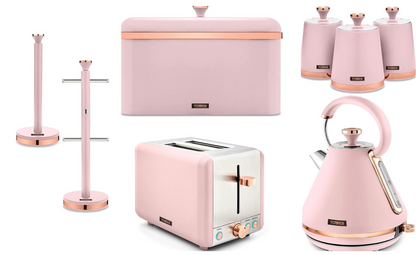 Tower Cavaletto Pyramid Kettle, 2 Slice Toaster, Bread Bin, Canisters, Towel Pole & Mug Tree Kitchen Set (Marshmallow Pink) Kitchen Sets