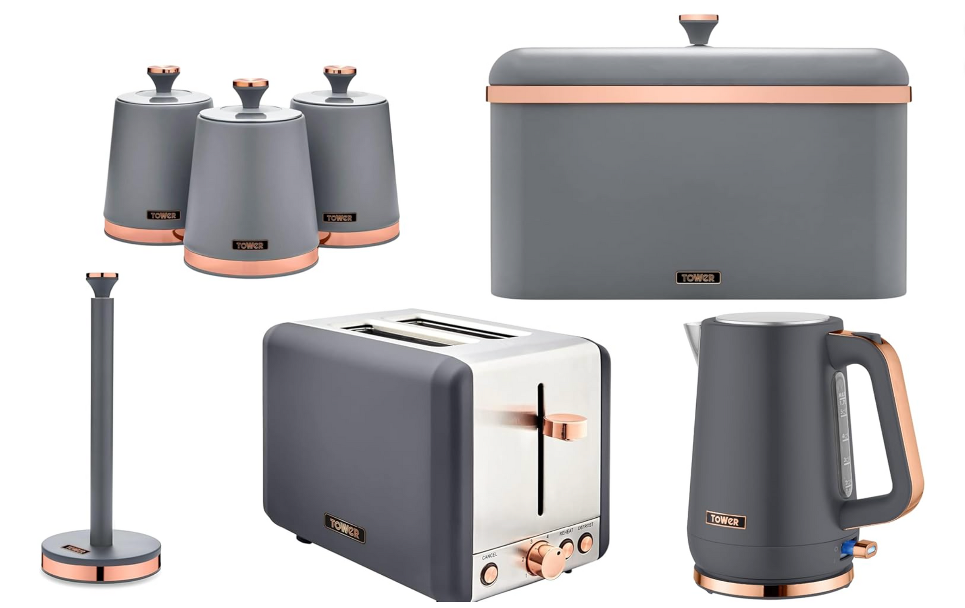 Tower Cavaletto Jug Kettle, 2 Slice Toaster, Bread Bin, Canisters & Towel Pole Kitchen Set (Grey) Kitchen Sets