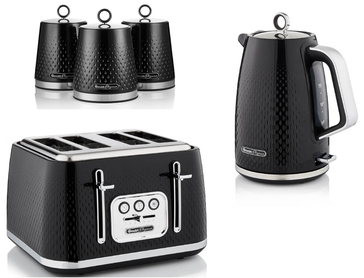 Swan Elegance Kettle, 4 Slice Toaster & Canisters Kitchen Set (Black)