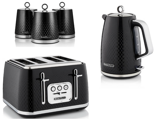 Swan Elegance Kettle, 4 Slice Toaster & Canisters Kitchen Set (Black)