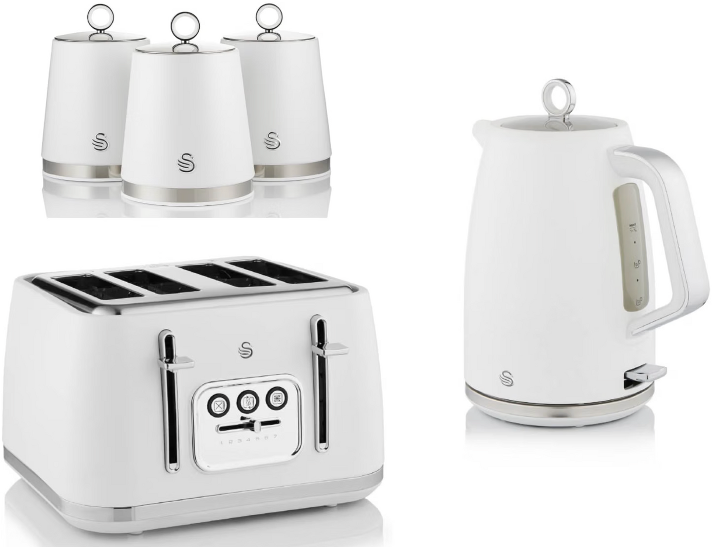 Swan Serenity Kettle, 4 Slice Toaster & Canisters Kitchen Set (White)