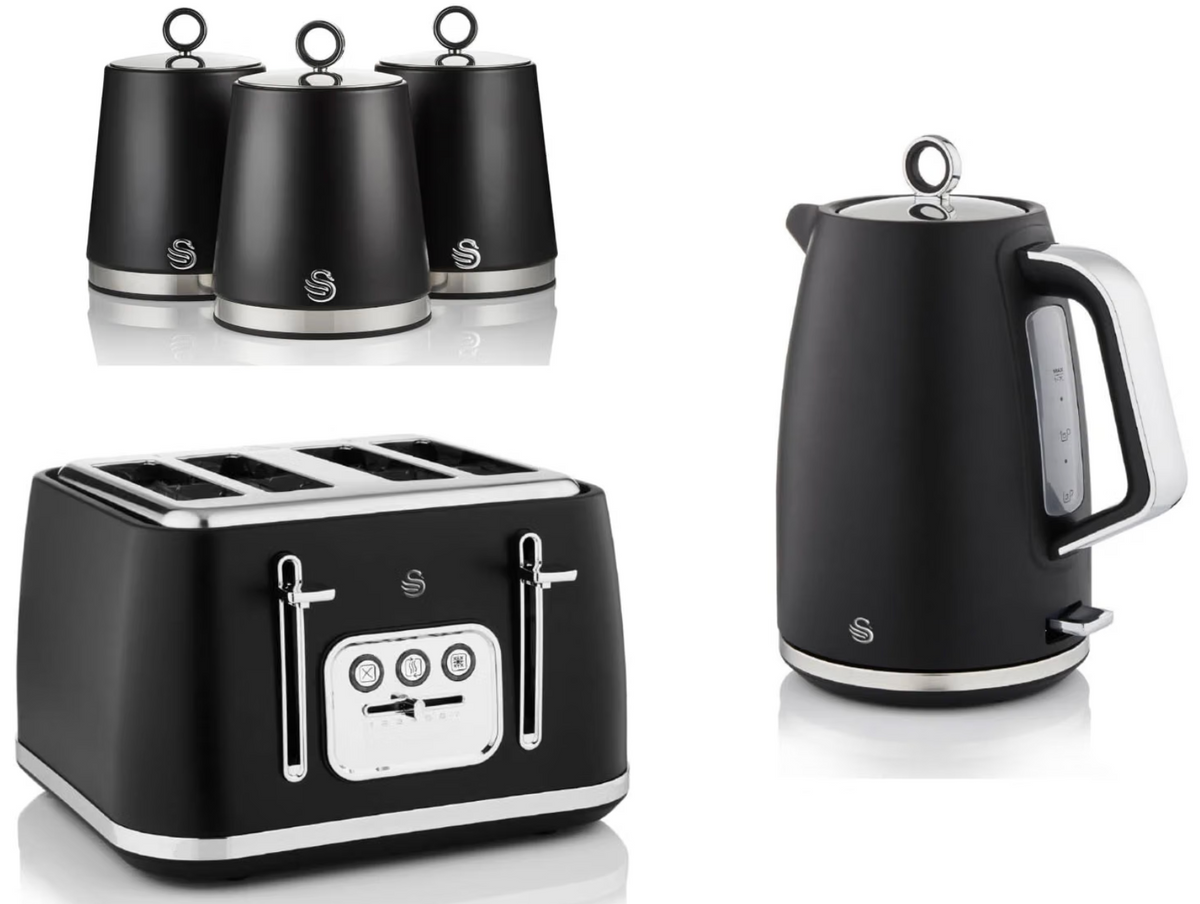 Swan Serenity Kettle, 4 Slice Toaster & Canisters Kitchen Set (Black)