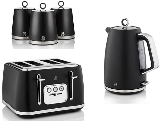 Swan Serenity Kettle, 4 Slice Toaster & Canisters Kitchen Set (Black)