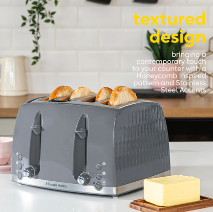 Russell Hobbs Honeycomb Kettle, 4 Slice Toaster & Manual Microwave Kitchen Set (Grey)