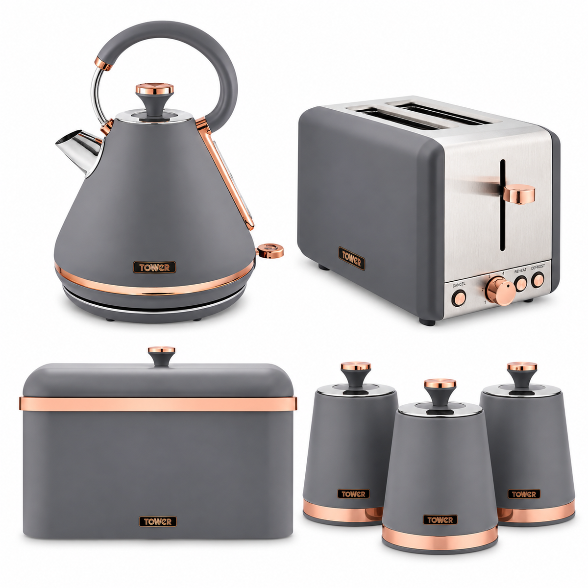 Tower Tower Cavaletto Pyramid Kettle, 2 Slice Toaster, Bread Bin & Canisters Kitchen Set (Grey)