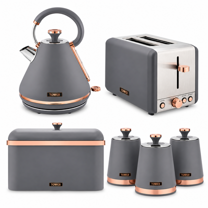 Tower Tower Cavaletto Pyramid Kettle, 2 Slice Toaster, Bread Bin & Canisters Kitchen Set (Grey)