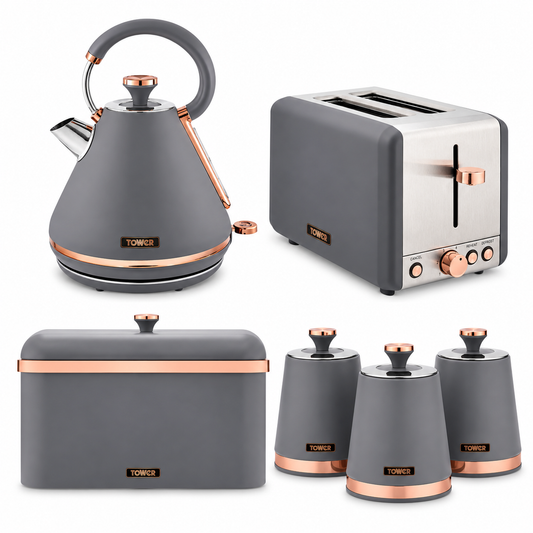 Tower Tower Cavaletto Pyramid Kettle, 2 Slice Toaster, Bread Bin & Canisters Kitchen Set (Grey)