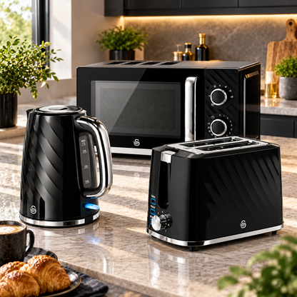 Swan Swan Windsor Kettle, 2 Slice Toaster & Microwave Kitchen Set (Black)