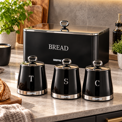 Geepas GEEPAS Retrovive Bread Bin & Canisters Kitchen Set (Black)