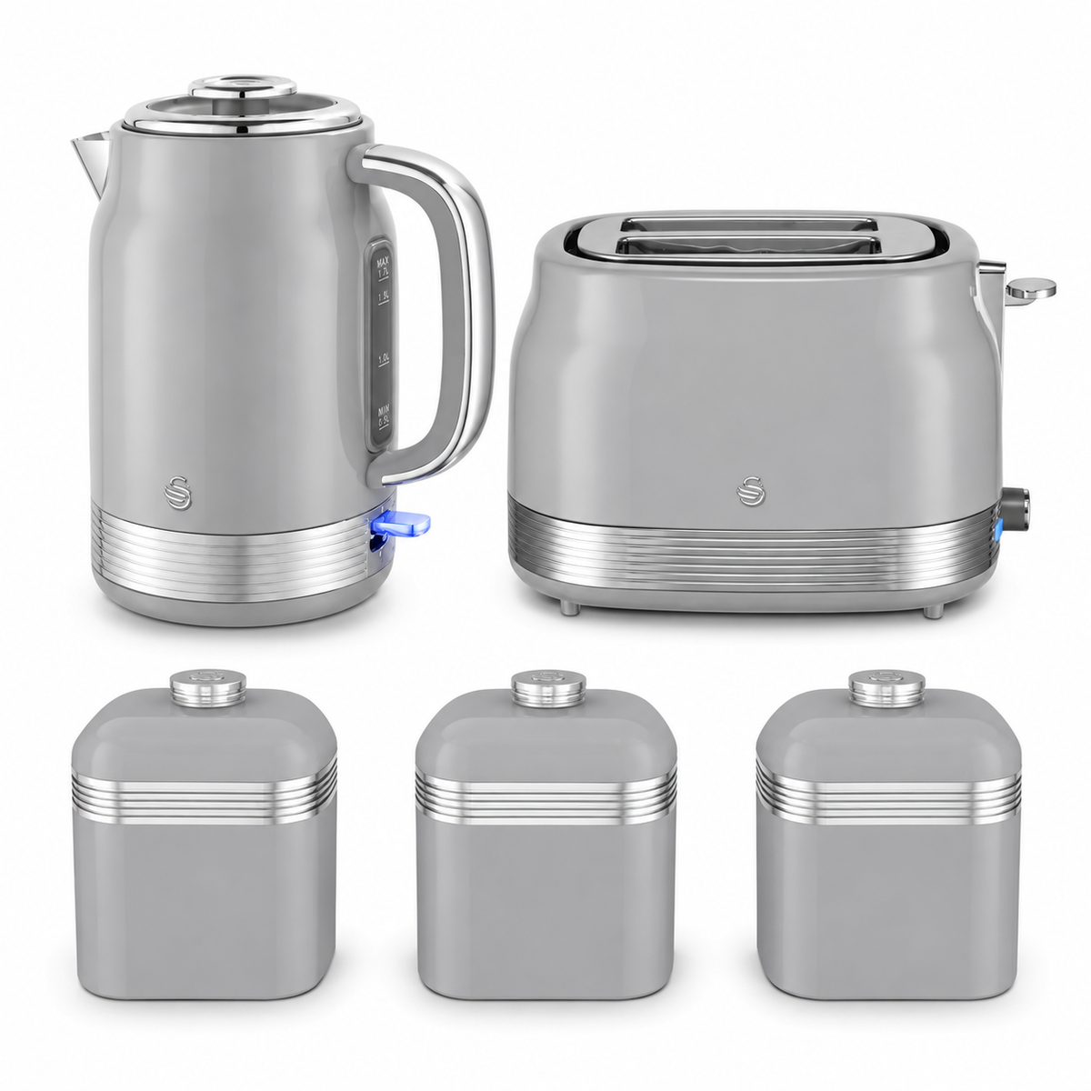 Swan Swan Retro Jug Kettle, 2 Slice Toaster & Canisters Kitchen Set (Grey)